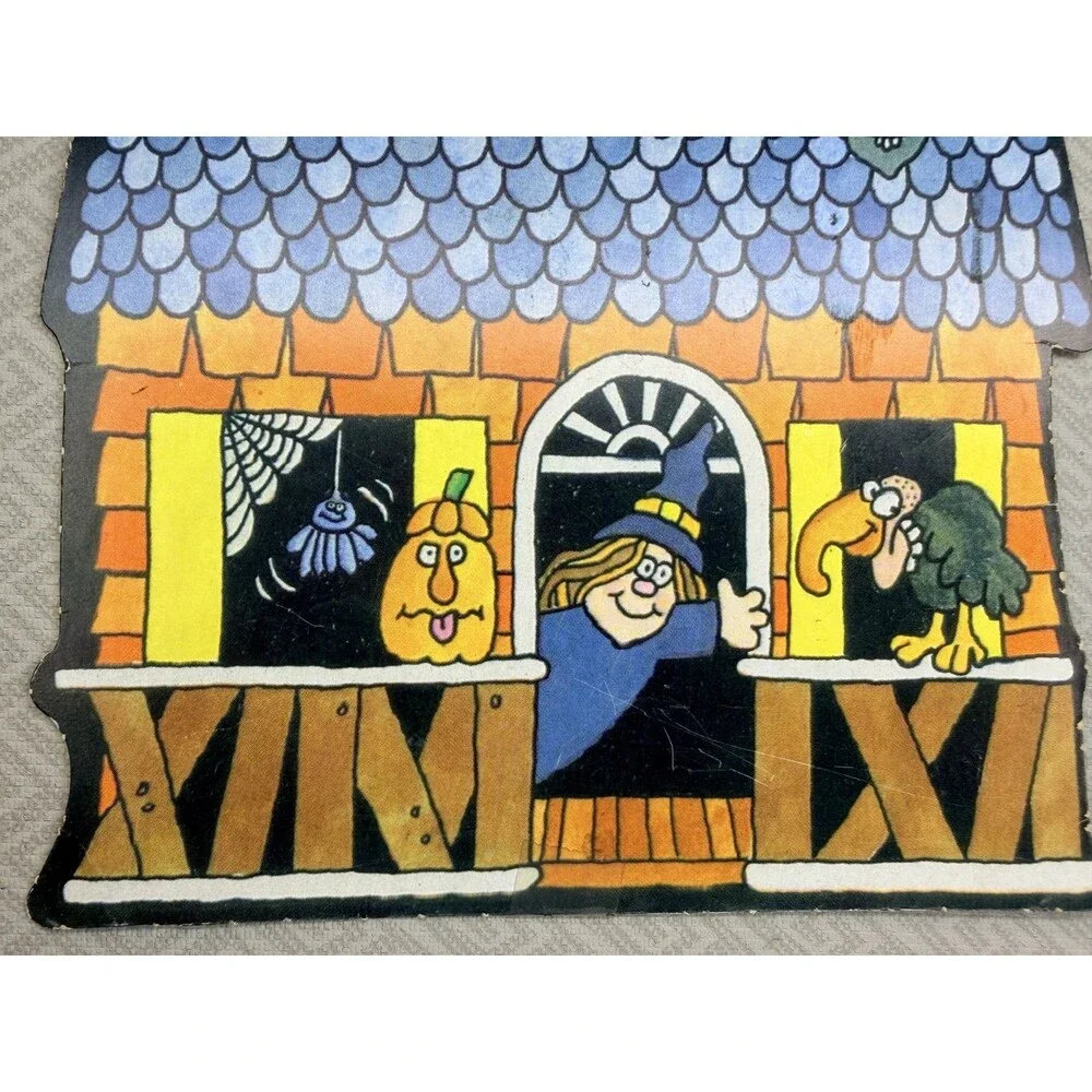 Vintage Halloween Die-Cut Decorations Witch Flying Moon & Haunted House